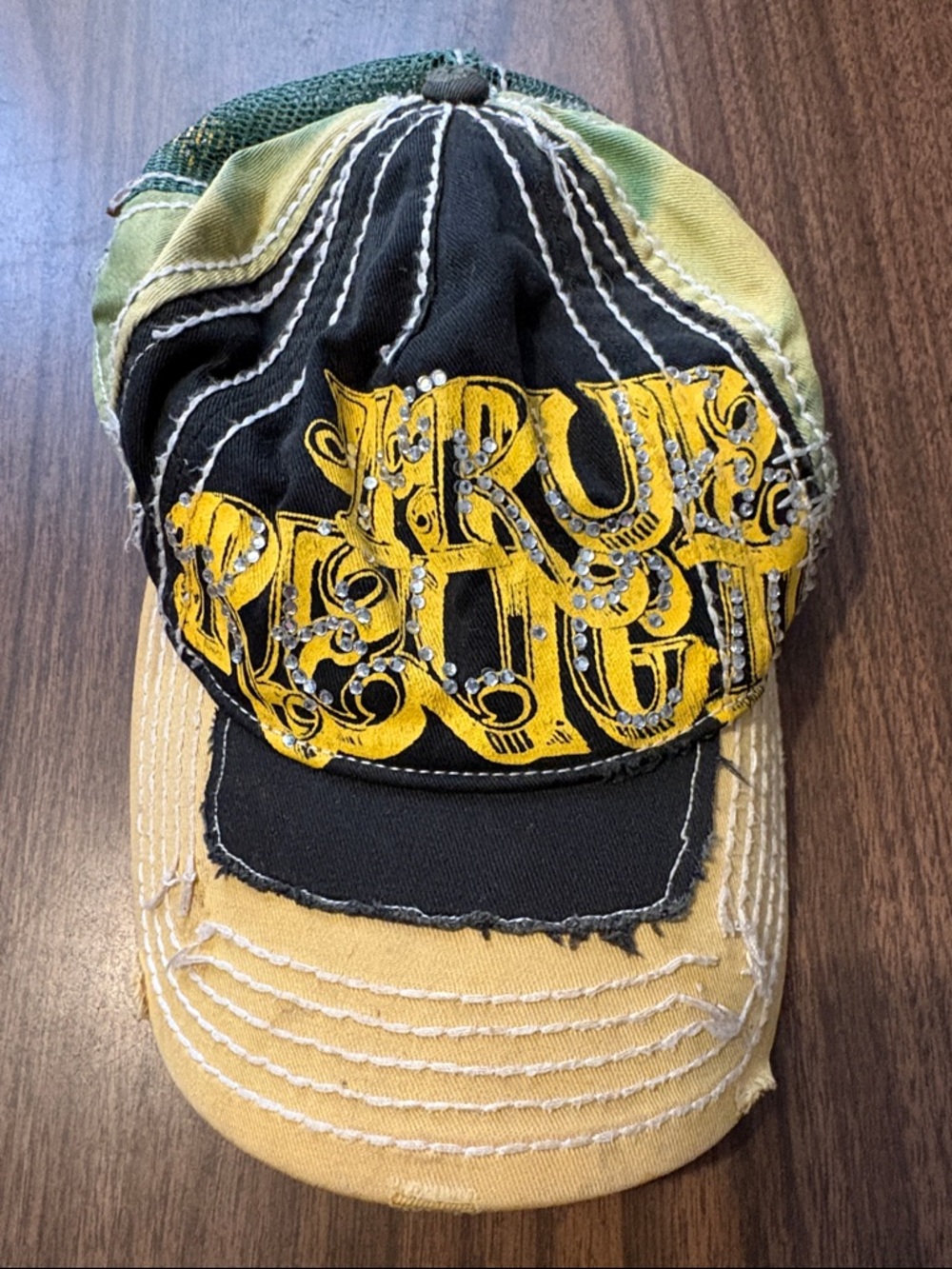 True Religion Distressed Yellow & Black Embroidered Trucker Cap
